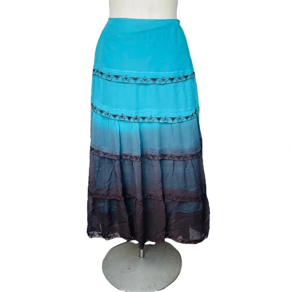 DEBBIE SHUCHAT Artsy Skirt Turquoise Brown Silk Tiered MIDI Lined Size M - Picture 2 of 5